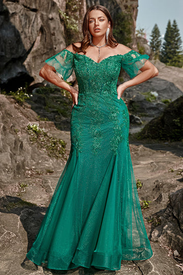 Sirena Fuera del Hombro Verde Escuro Vestido de Fiesta Con Apliques